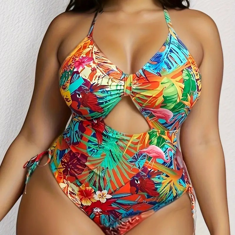 Tropical Pattern Hollowed-out Cross-back Strap Multi-color Printed Sexy Plus-size Swimsuit TK014_voghion.com