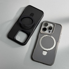 适用苹果17promax碳纤维纹手机壳iPhone16磁吸支架15全包防摔套14