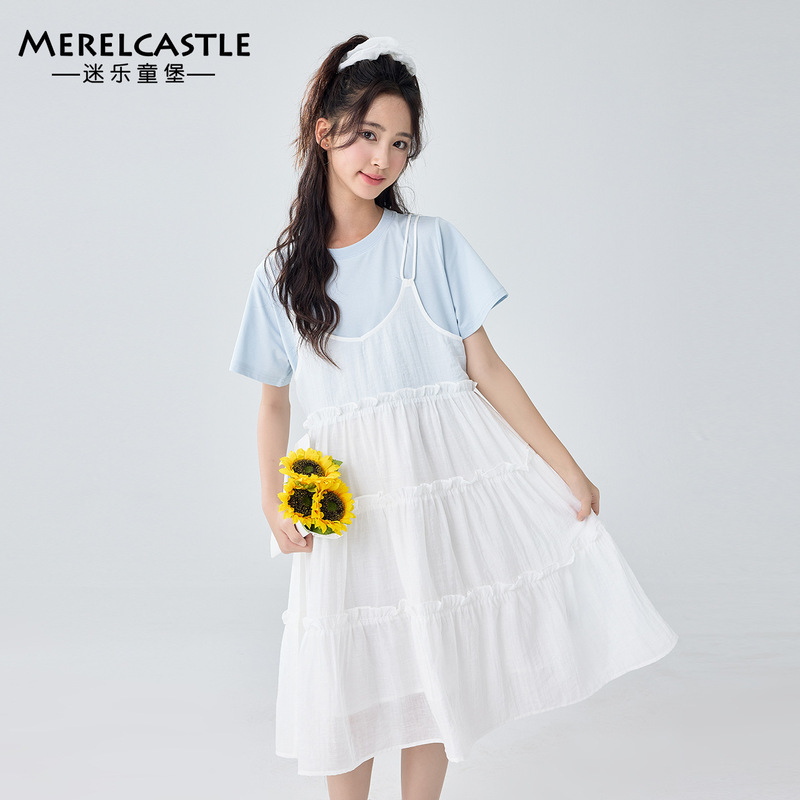 Girls Dress Summer 2025 New Junior High School Girls Sweet Korean Style Skirt Girls Big Children Fake Two-Piece Suspender Skirt Girls Dress Summer 2025 New Junior High School Girls Sweet Korean Style Skirt Girls Big Children Fake Two-Piece Suspender Skirt