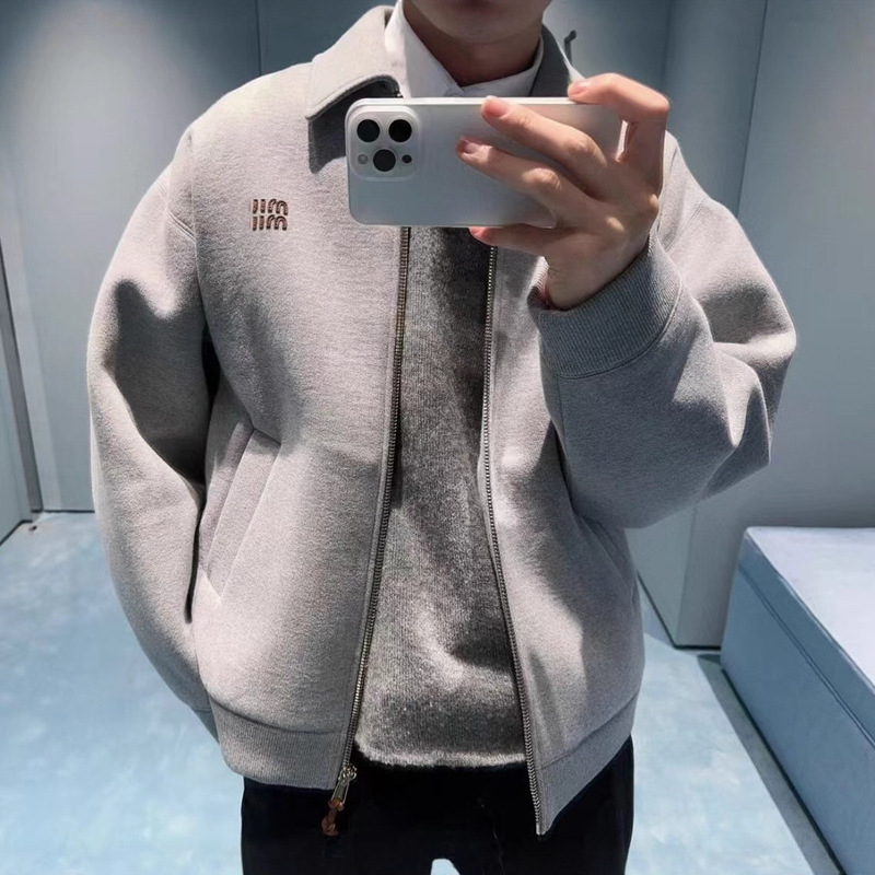 2025 Early Autumn New Original Standard Miu Miaojia Ultra-Thick Plain Knitted Jacket High Weight Sweatshirt Jacket for Men and Women