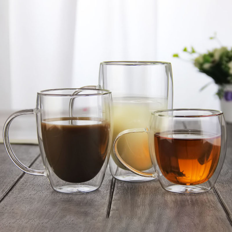 Celebridad de Internet de doble capa de vidrio con mango lindo café taza de jugo taza de agua transparente al por mayor de alta temperatura resistente oficina taza de té