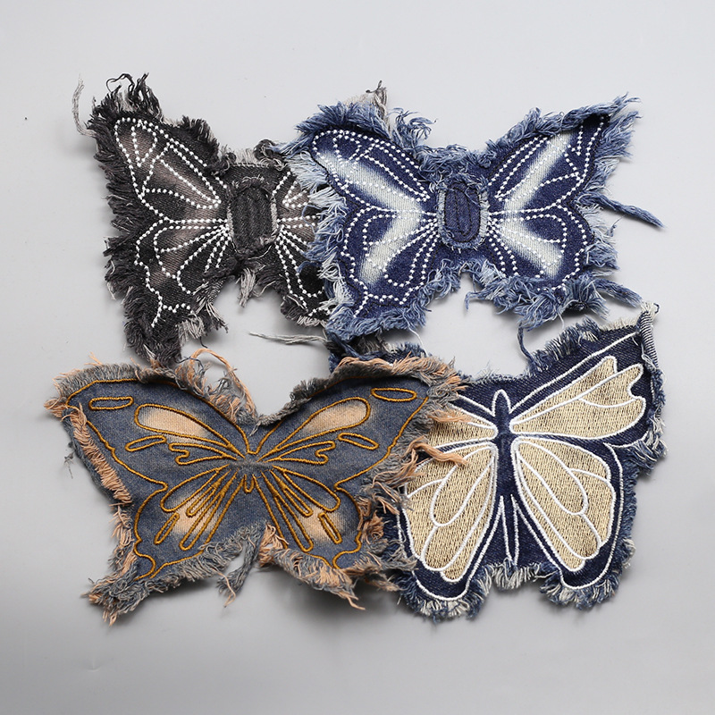 牛仔布流苏边蝴蝶布贴补丁绣片布贴服装包包手缝装饰布贴DIY辅料