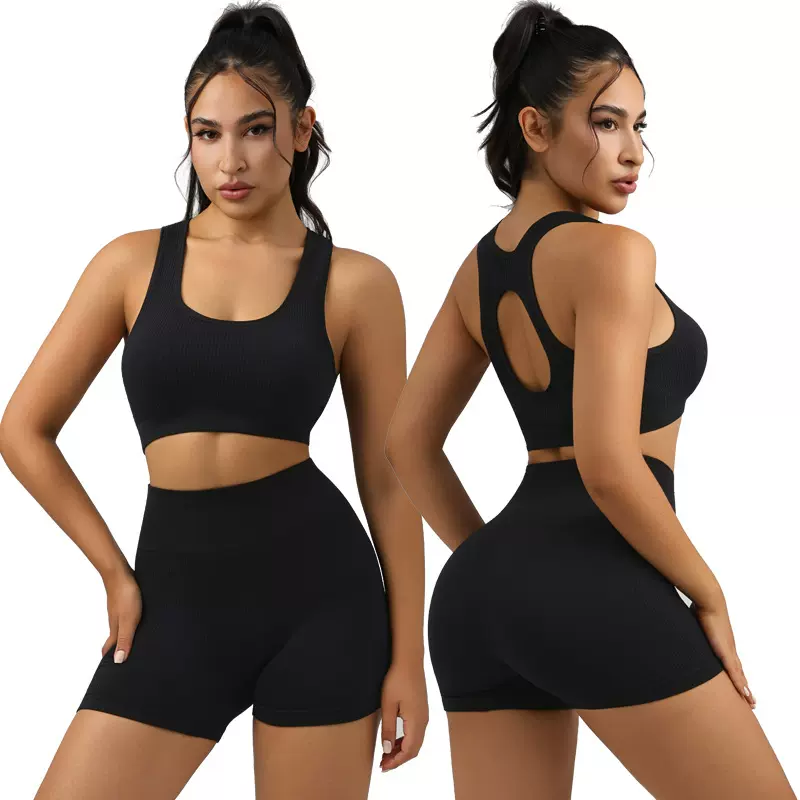 螺纹带胸垫紧身文胸瑜伽套装高腰蜜桃健身速干运动服运动短裤套装