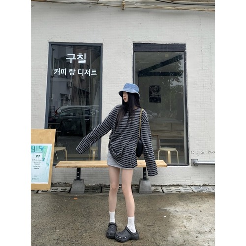 Striped long-sleeve T-shirt 2025 autumn new Korean style loose medium-long length outerwear innerwear base student top trendy