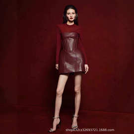 韩系甜辣风拼皮连衣裙女秋季流行风格别致独特御姐范修身显瘦裙子