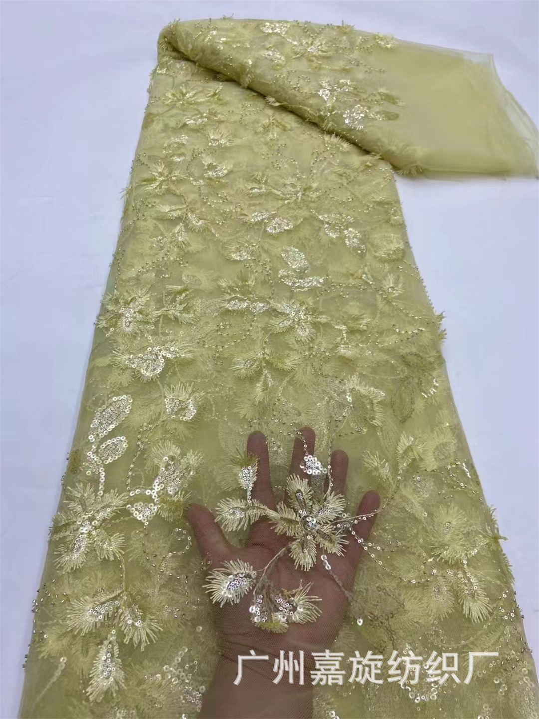 Retro hermosa flor flotante bordado con cuentas de tela de encaje vestido de flor llena vestido de tela de Bordado de hilo ligero JX4000