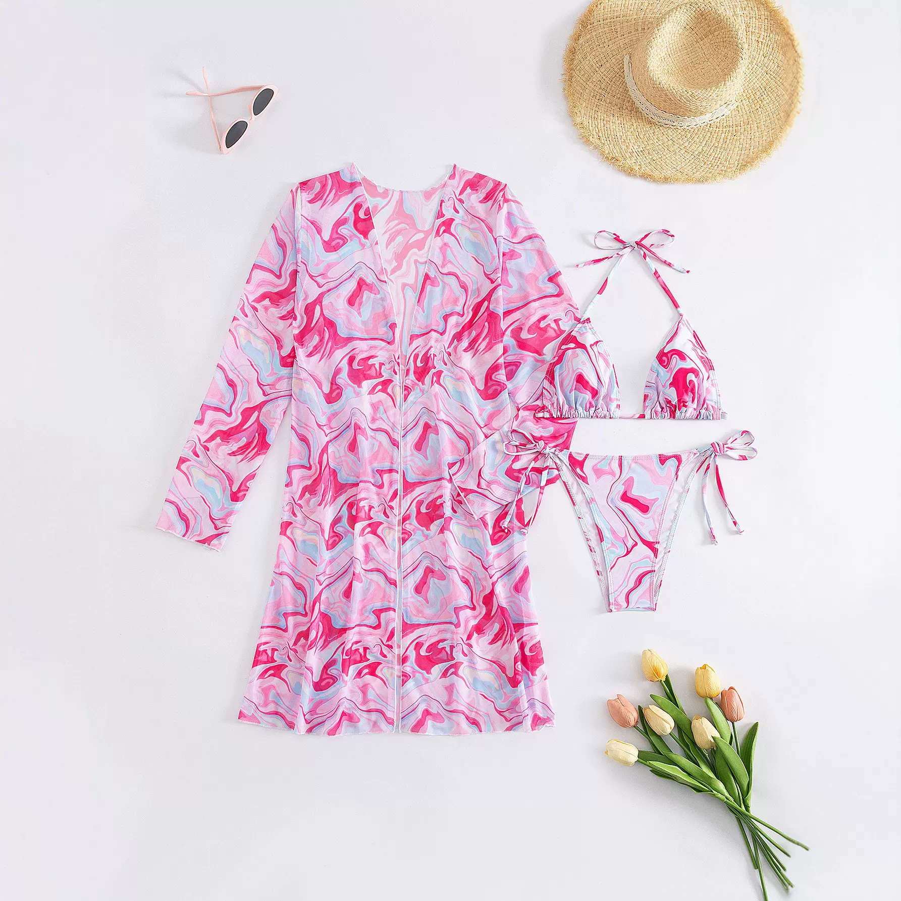 2026欧美新款抽绳绑带短裙网纱三件套款泳装比基尼bikini 跨境