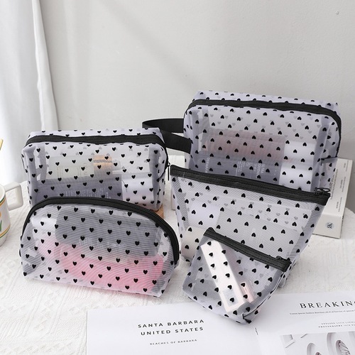 Portable and Professional 5-Piece Set Ins Flocked Mesh Heart Shaped Makeup Bag with Travel Friendly Cleansing and Lipstick Storage