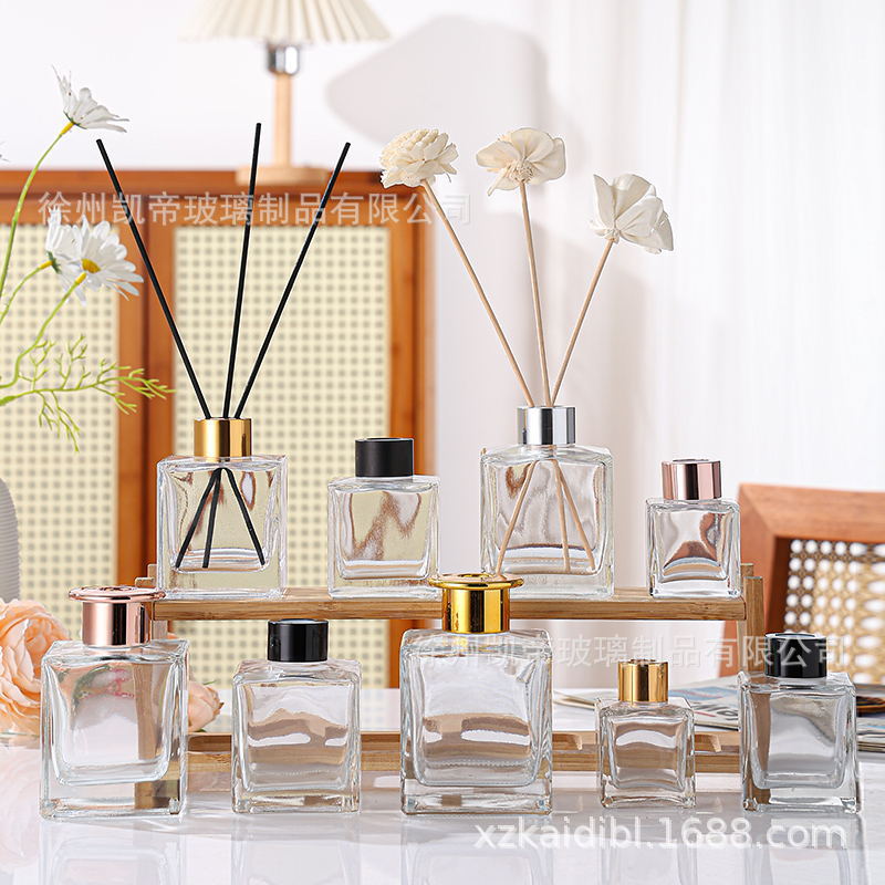 香薰瓶50ml方形透明香水玻璃瓶扩香瓶四方无火香薰瓶子香氛精油瓶