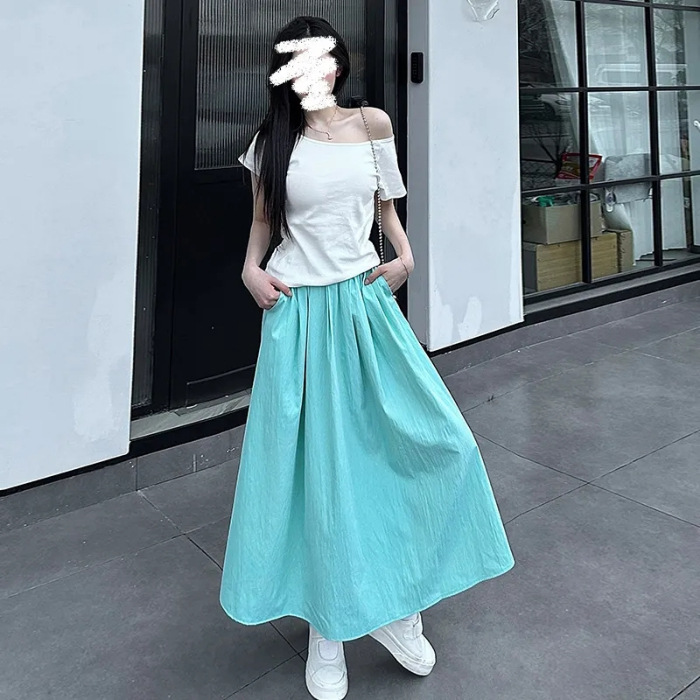 高級感亜麻綿質米白色半身スカート女性夏の新モデルの中で、ゆったりとした着痩せa字のロングスカート