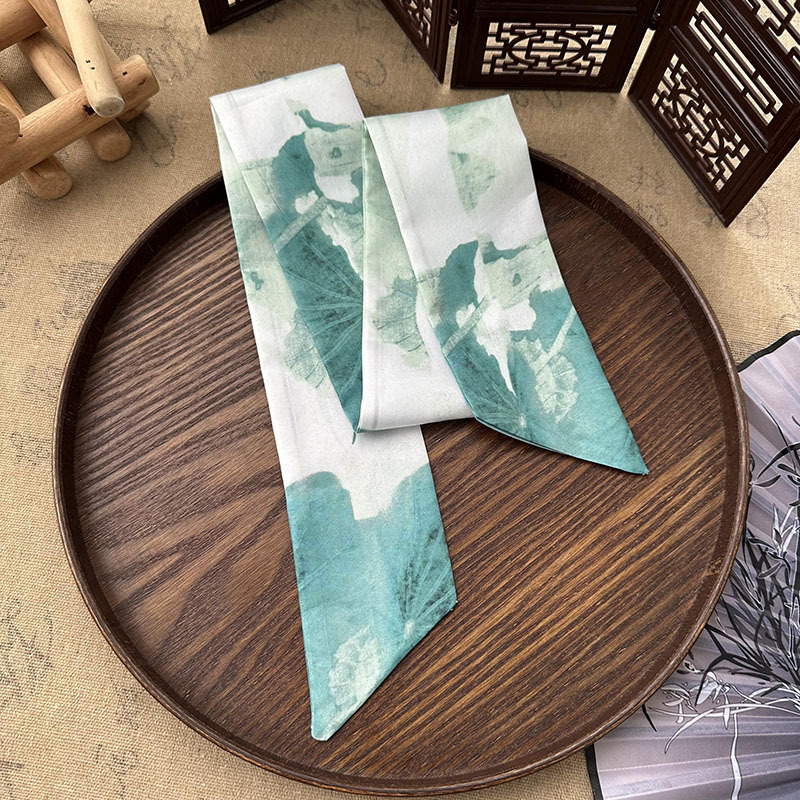 Bufandas de seda largas mujeres dibujo de hoja de bambú estilo antiguo chino nuevo cinturón de cabello adornamiento de cabello pintura de tinta de estilo chino correa bufandas cinturón