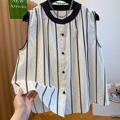 フレンチブラックストライプノースリーブラウンドネックシャツ女性のための夏の新しいルーズコントラストカラー年齢を減らす小さなベストトップ薄い