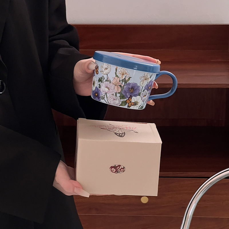 Retro pinturas al óleo de flores de conejo tazas de café y platos de cerámica tazas de café caja de regalo para el hogar diario