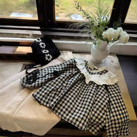 韩国童装女童格子衬衫2024秋季新款儿童荷叶边领衬衫儿童娃娃衫