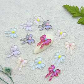 新款网红蝴蝶美甲饰品批发树脂星空闪亮双色立体鎏金蝴蝶结美甲钻