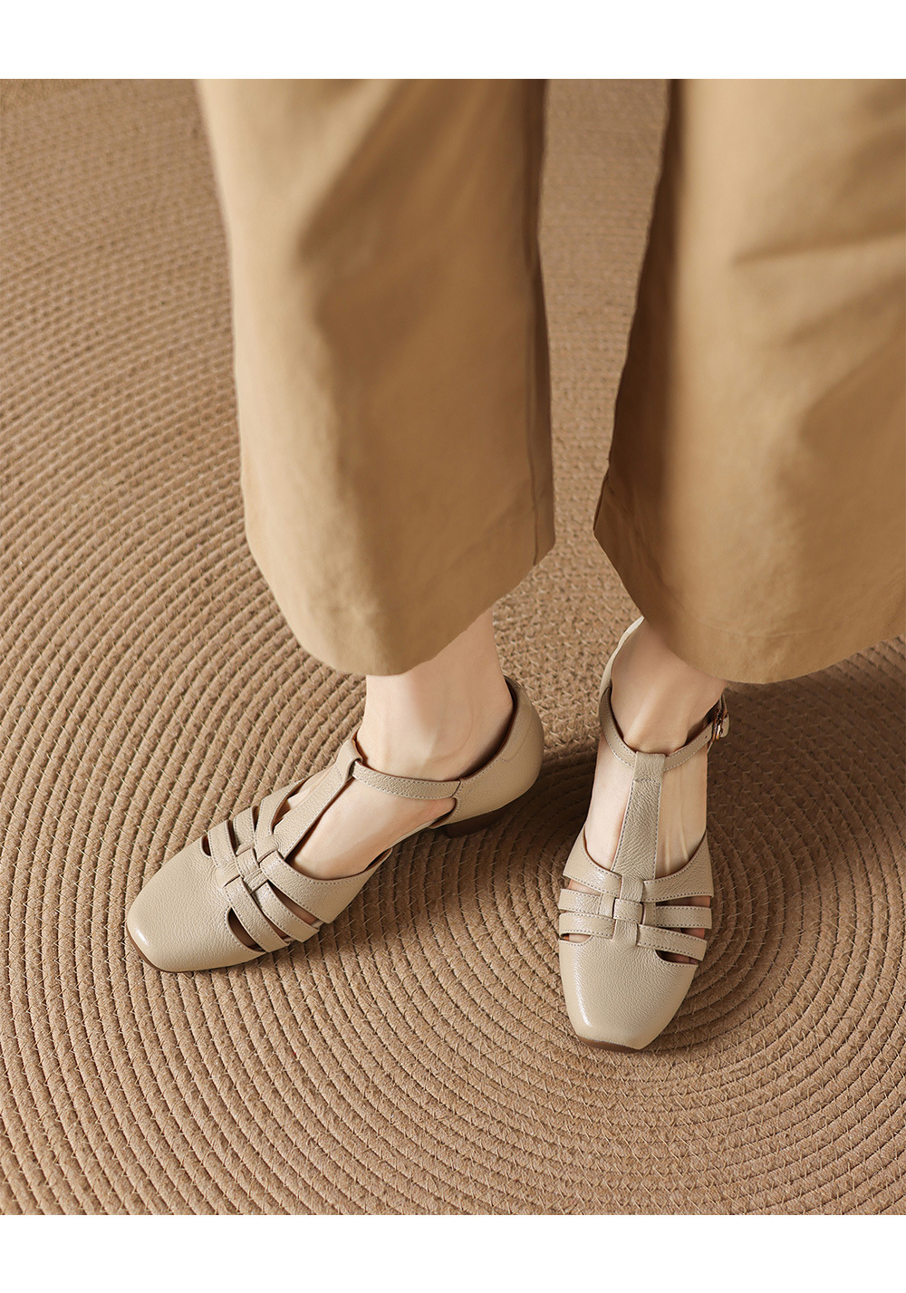 Sandal nữ da cừu dệt bao đầu mũi vuông gót dày 3.5cm quai ngang kiểu La Mã — màu trắng ngà chi tiết 1