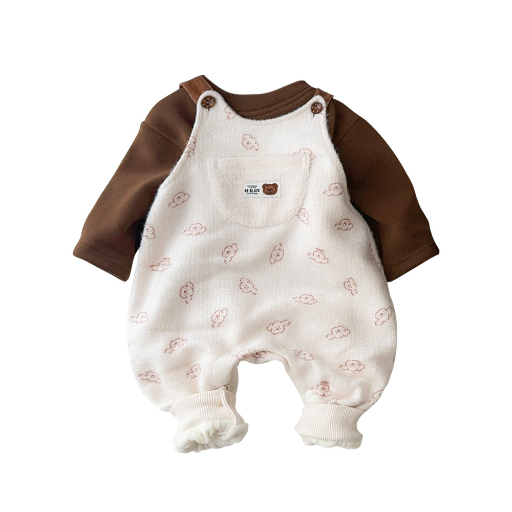 Nuevo traje de otoño e invierno para bebés, vestido con una camisa de fondo de manga larga de dibujos animados de bebé masculino, mono de dos piezas con estampado completo lindo