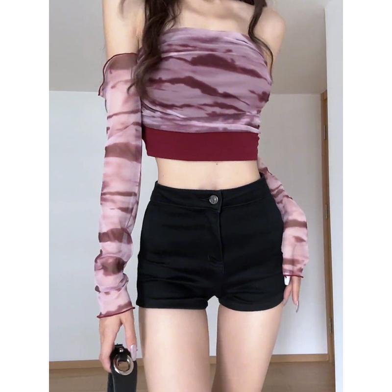 American Style Retro Shoulder-Shoulder Trumpet Sleeve Mesh Long-Sleeved Strapless Women's Autumn Pure Desire Spice Girls Slim Fit