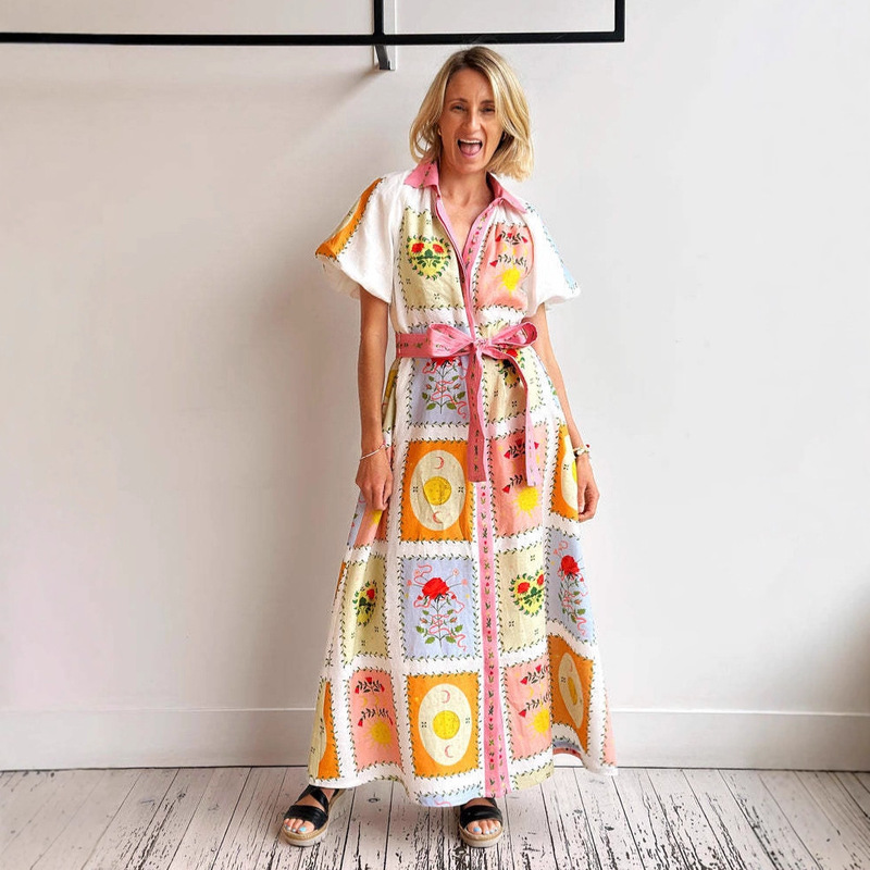 2025 New European and American Cross-Border Aliexpress Independent Station Smiley Linen Loose Lace-Up Cardigan Large Hem Dress for Women