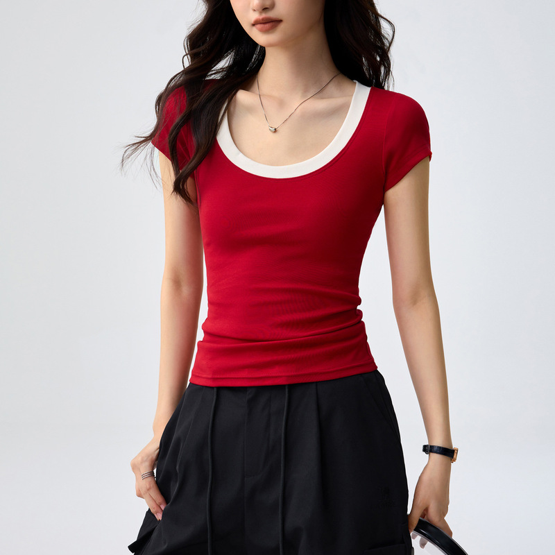 40-count combed cotton stylish color-blocked large U-neck T-shirt for women, summer 2026 new short-sleeve slim-fit top 40-count combed cotton stylish color-blocked large U-neck T-shirt for women, summer 2026 new short-sleeve slim-fit top