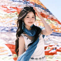 川西旅游文艺薄款棉麻围巾女蓝色大西北丝巾系脖氛围感民族风披肩
