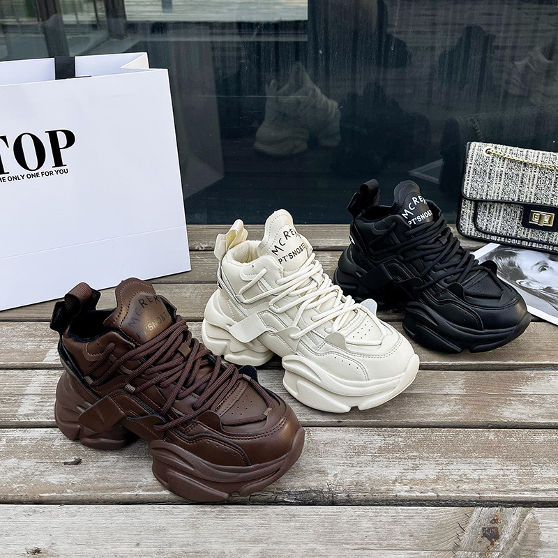 Women's Leather Sneakers with Ins Trend, Retro Dad Shoes, 2023 Autumn/Winter Warm Fleece Casual Shoes