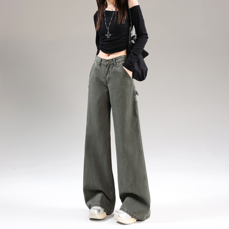 美式复古阔腿工装牛仔裤女2025年春秋季新款低腰宽松直筒阔腿裤子|undefined
