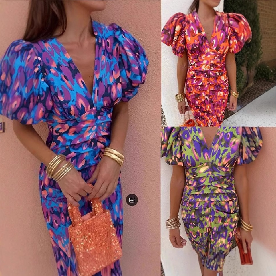 2025 new cross-border European and American Amazon printed V-neck tight hip waist bubble short sleeve women's dress