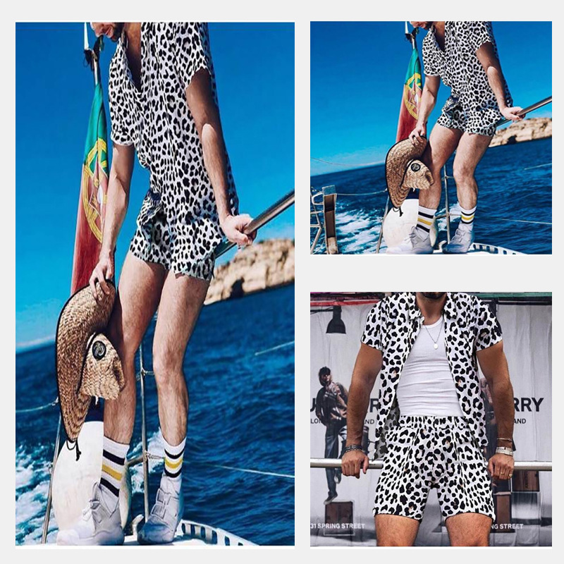 아마존 하와이 남성 캐주얼 비치 레오파드 프린트 반팔 세트 라펠 셔츠 투피스 캐주얼 반팔 세트
