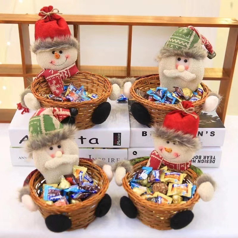 クリスマス装飾品クリスマスキャンディークリスマスイブリンゴバスケット老人雪だるま鹿人形編み竹バスケット置物|undefined