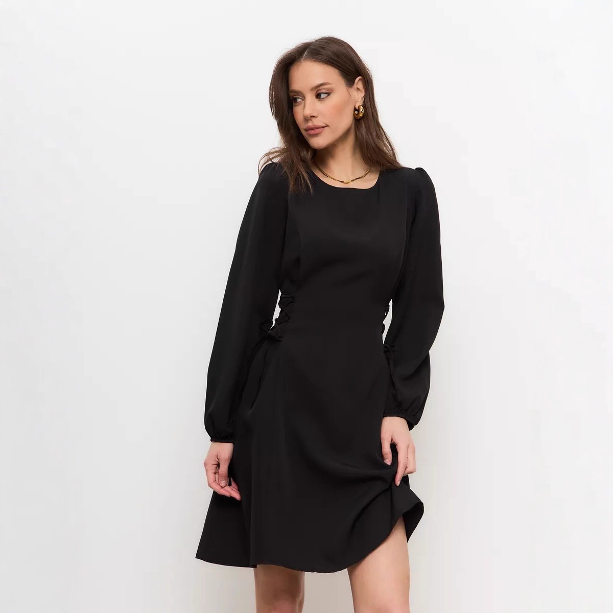 European and American Export Women's Clothing Amazon Autum New French Fashion Rope Waist Black Evening Dress