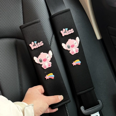 Stitch Cartoon Car Interior – Seat belt shoulder pad - pink-winking-stitch-ice-silk-shoulder-straps-pair