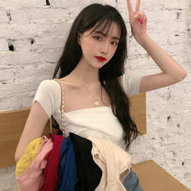 2022春夏新款百搭交叉性感一字肩短款露脐短袖针织衫上衣女