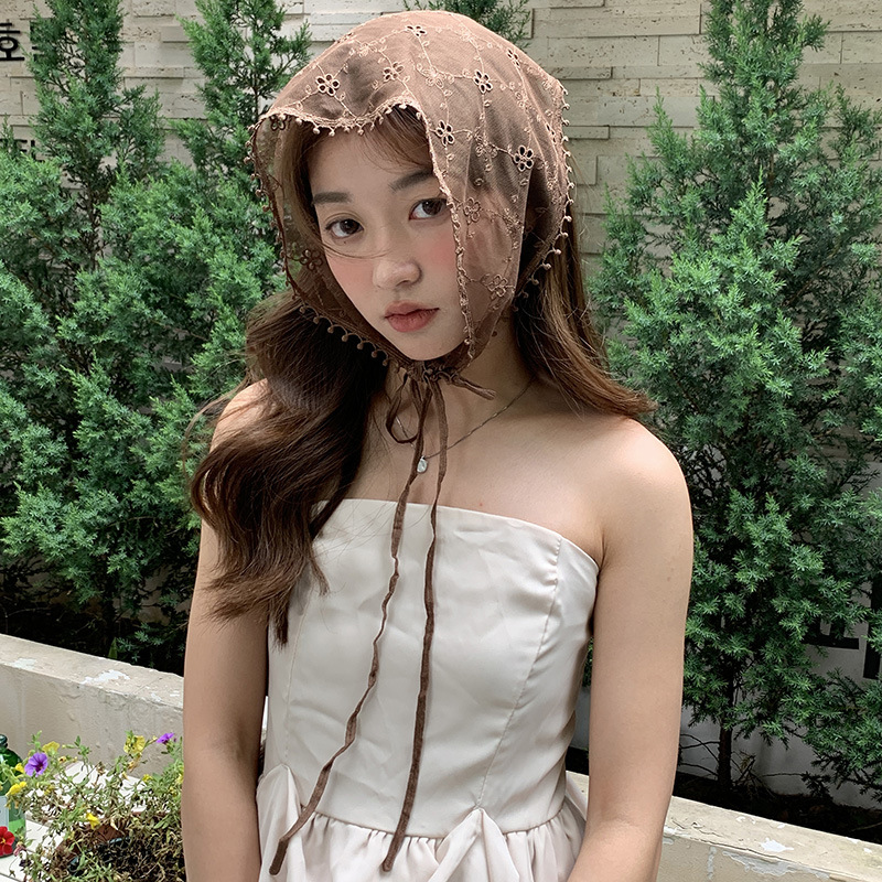 Pañuelo de encaje para mujer primavera y verano todo partido bordado pequeña flor decorativa triángulo con cordones bufanda de cuello bufanda corbata bufanda de pelo cinta