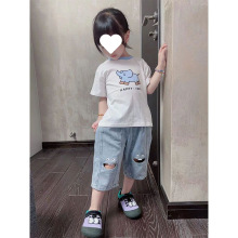 宝宝T恤2023夏季新款男女童卡通印花短袖儿童纯棉半袖牛仔裤套装