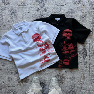 European and American Cross-Border Men's and Women's Loose Lip-Print Stereo Printed Summer Loose Polo Shirts