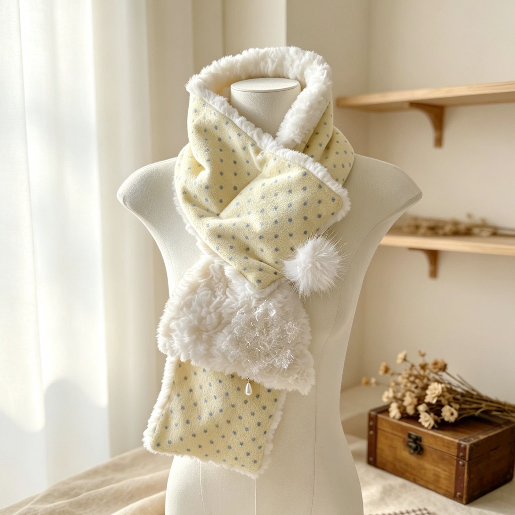 Cute cream-colored polka dot snow house winter warm fleece-lined windproof scarf for girls, soft and comfortable cross-over scarf