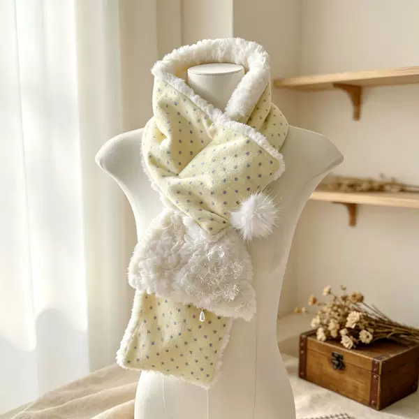 Cute cream-colored polka dot snow house winter warm fleece-lined windproof scarf for girls, soft and comfortable cross-over scarf