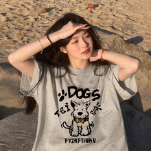 灰色纯棉短袖t恤女2025新款夏季宽松圆领小个子半袖上衣潮牌美式