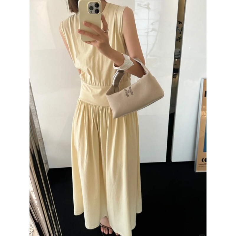Longmei Pure Cotton Sleeveless Waist-Cinching Flared Dress 2025 Spring and Summer New Tot Style Simple Mid-Length A-Line Skirt