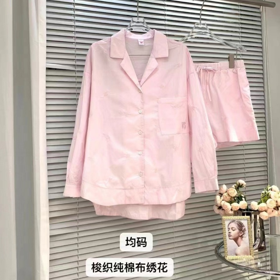 時尚棉質慵懶條紋休閒寬鬆休閒睡衣梭織棉長袖短褲性感家居服套裝
