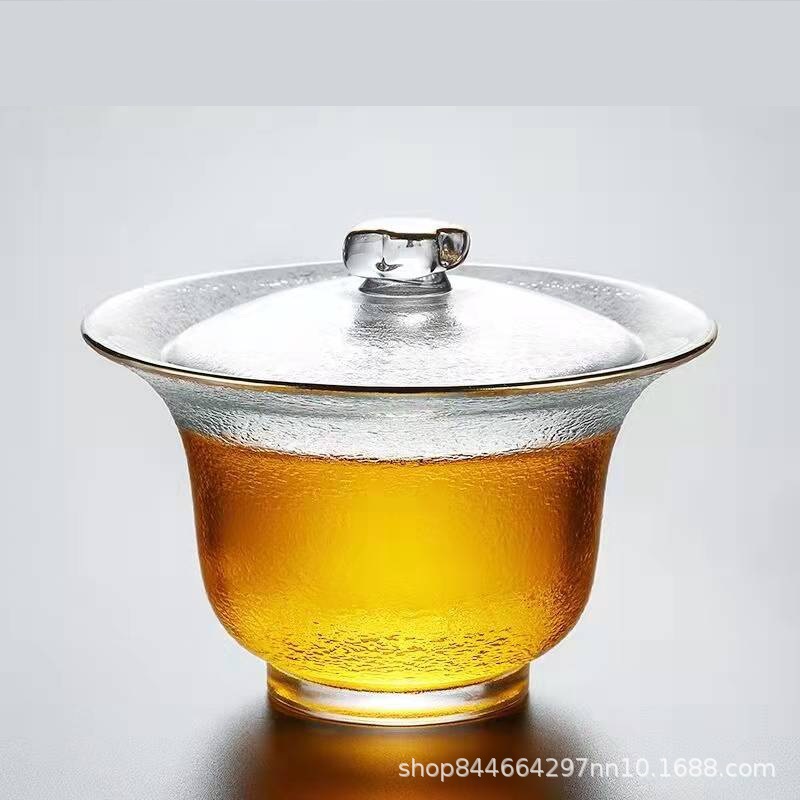 Tazón para té de vidrio de gran capacidad Sancai, borde dorado hecho a mano, resistente al calor, no quema las manos, producto de alta gama