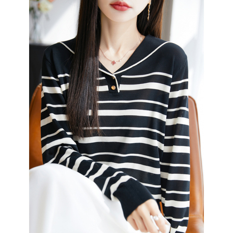 New Tencel Knitwear Spring and Autum Large Size Loose Long-Sleeved T-Shirt Women's Exquisite Black and White Stripesd Top Bottoming Shirt New Tencel Knitwear Spring and Autum Large Size Loose Long-Sleeved T-Shirt Women's Exquisite Black and White Stripesd Top Bottoming Shirt