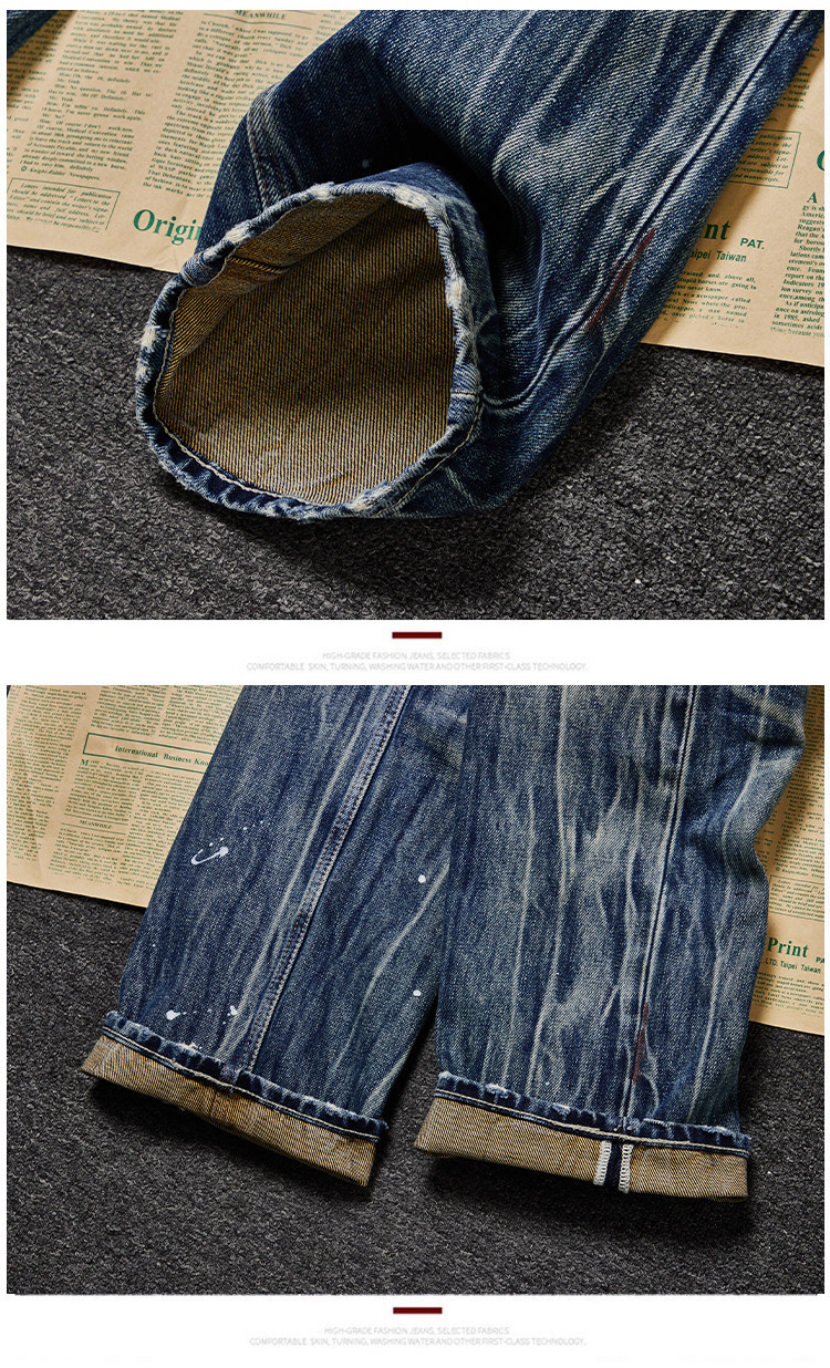 ​​Men's Premium Heavyweight Vintage Jeans – Streetwear Distressed Washed Denim Pants, Relaxed Straight-Leg Fit, Light Blue​​_mkmklike.com