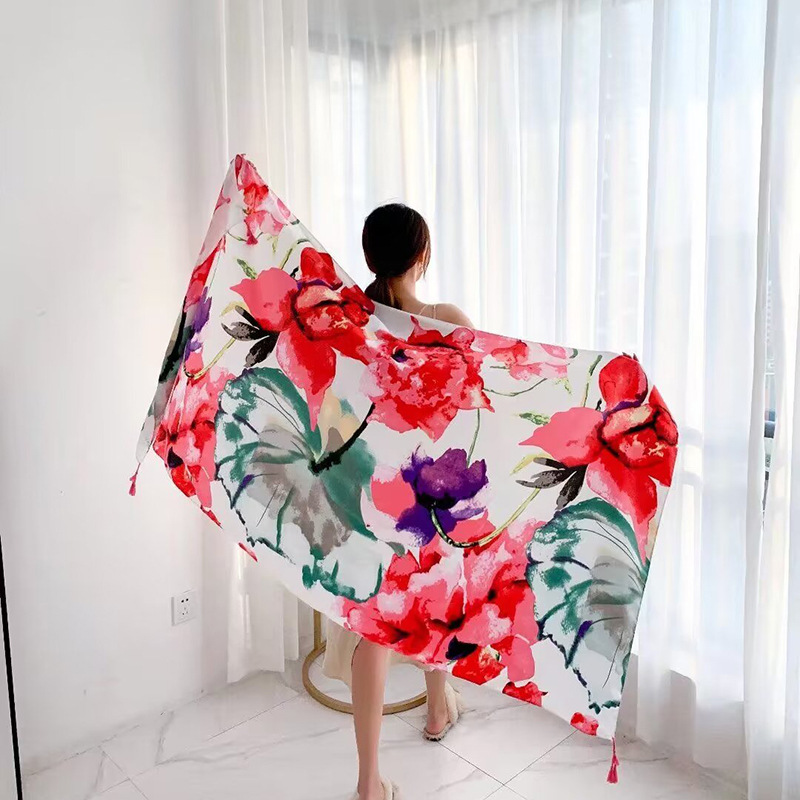 Sopa de satén de twill para mujeres 2025 bufandas de viento nacional de verano tibetanas bufandas de seda protector solar lago Qinghai turismo foto toalla de playa