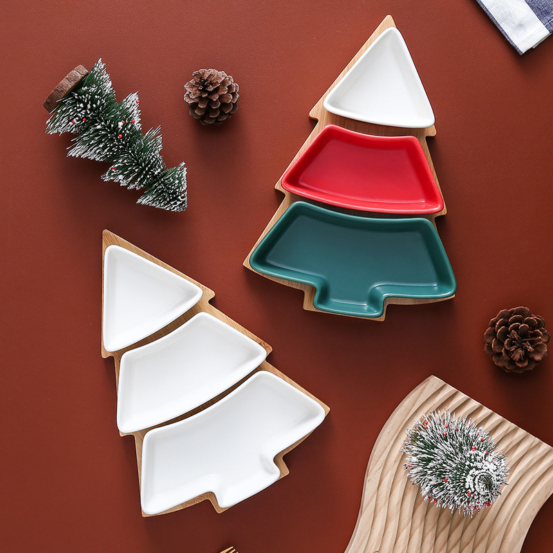 Creative Christmas tree ceramic snack plate with bamboo plate Christmas tree-shaped plate dessert fruit plate candy plate cross-border exclusive