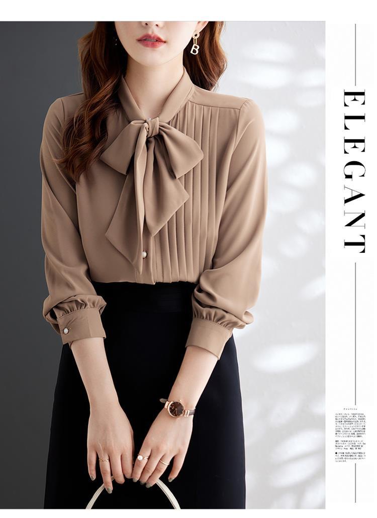 315g Weight Long Sleeve Sleeve Length Single Breasted Placket Type Regular Sleeve Sleeve Type 95% and above, Polyester Fabric Type Ordinary Model (50cm <Length ≤ 65cm) Top Length Cardigan, Shirt Tops Type Scarf collar Neckline Slim Fit Type Solid Color Pattern New Style, Japanese and New Leisure Style Chic Fashionable Long Sleeve Chiffon Shirt Women's Bow Tie Neck Unusual Design Sensation Coffee Color Series Belted Elegant 14