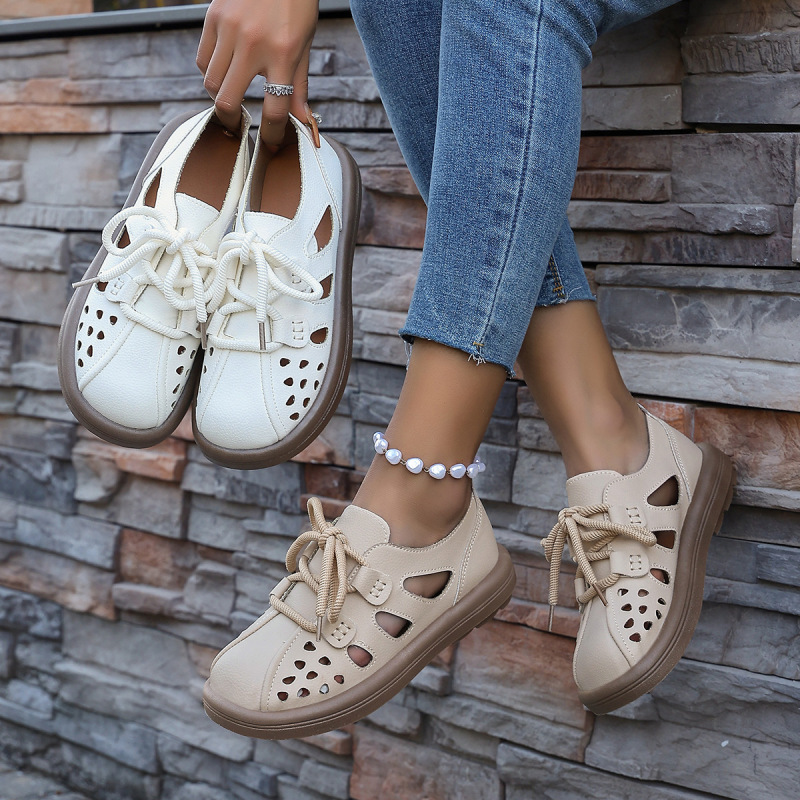 New large-size women's perforated shoes for foreign trade, round-toe, flat-soled, hollowed-out, lace-up casual shoes, soft-soled, comfortable and lightweight women's sandals New large-size women's perforated shoes for foreign trade, round-toe, flat-soled, hollowed-out, lace-up casual shoes, soft-soled, comfortable and lightweight women's sandals