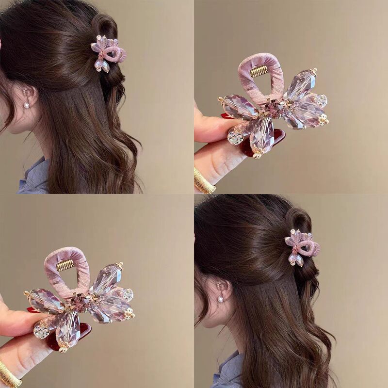 French-style, heavy-duty, pink crystal hair clip with exquisite diamond embellishments, a stylish side clip for half-up hairstyles, and a shark clip for women