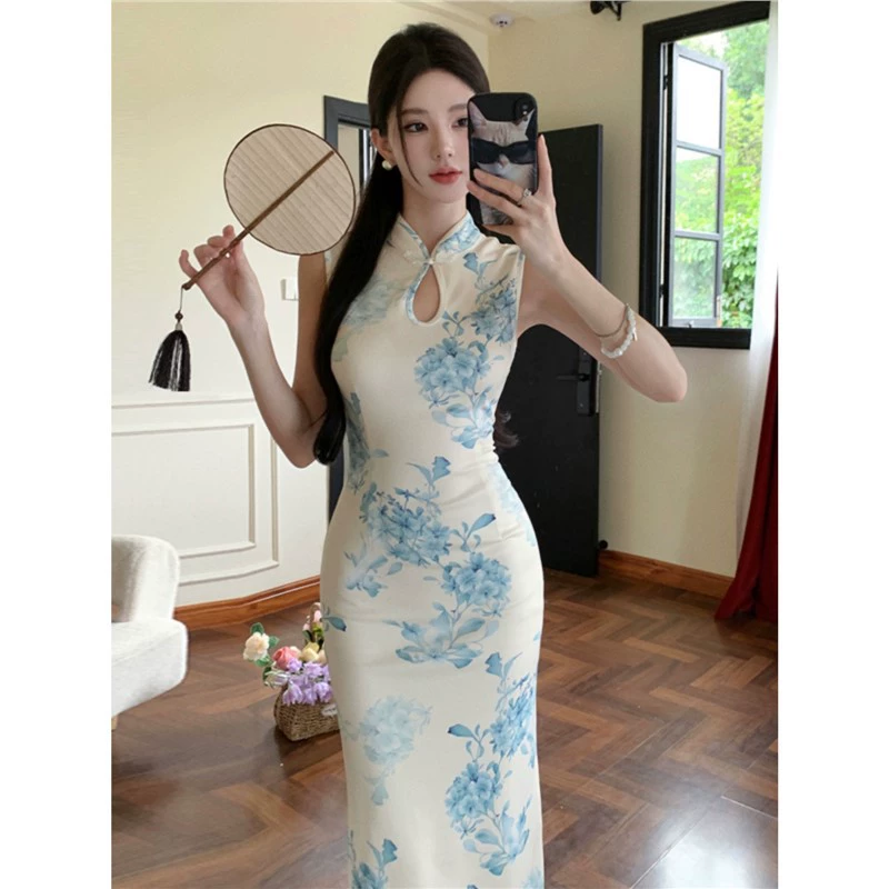 Новое ретро-платье в китайском стиле с принтом в китайском стиле, улучшенное платье Cheongsam, элегантное элегантное облегающее платье с разрезом на бедрах